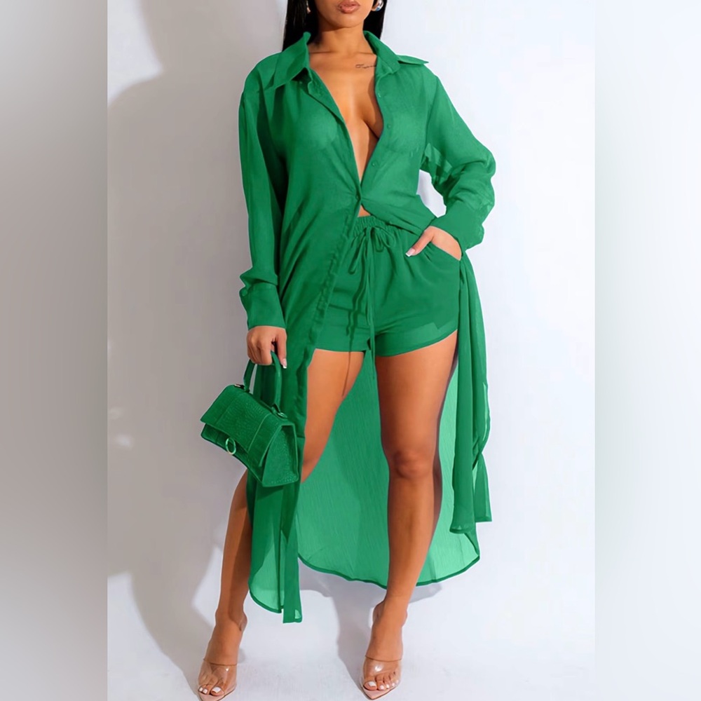 Stylish Green Long Shirt and Shorts Set